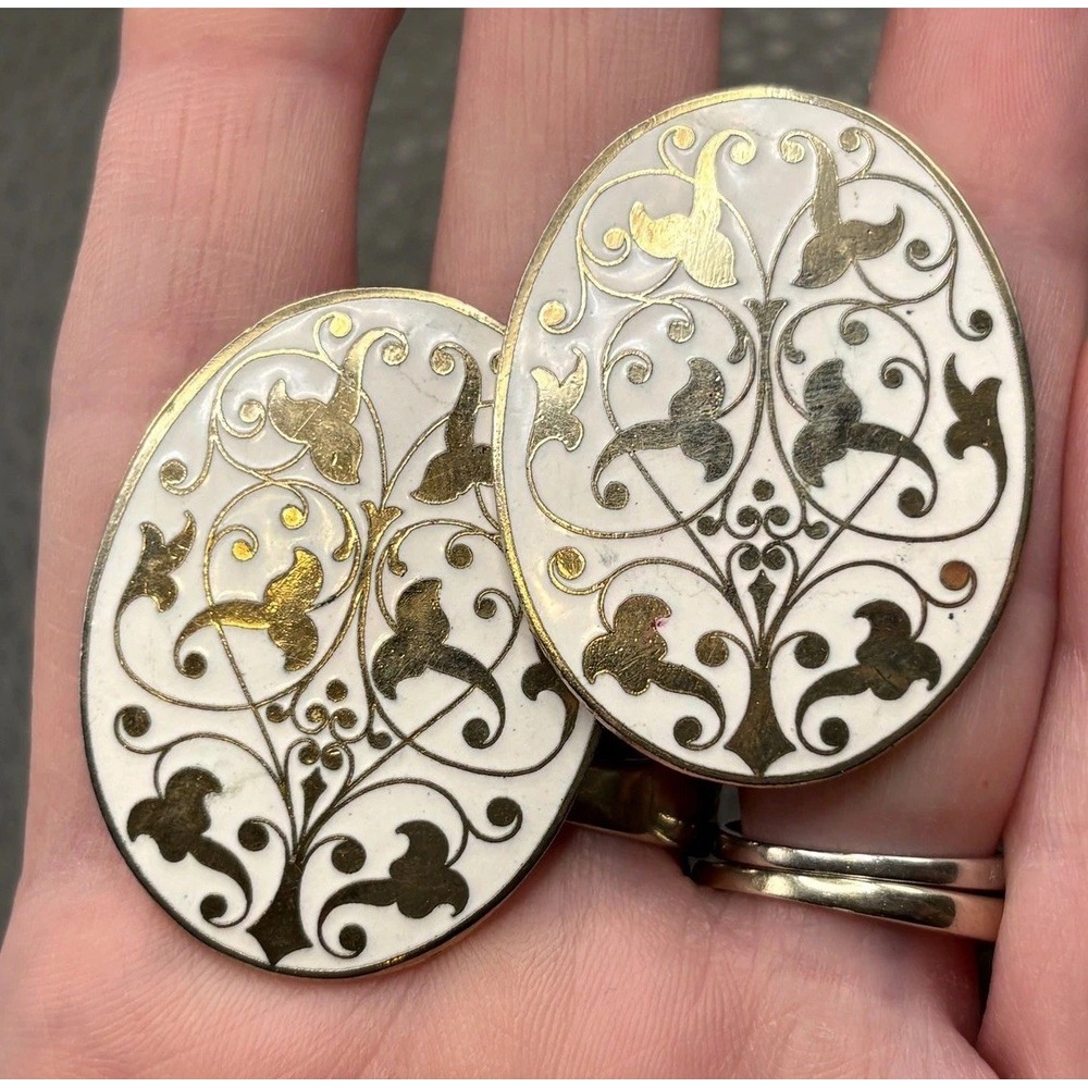 Vintage Huge Gigantic White Enamel Ornate Cufflinks Pat Pend Gold Tone